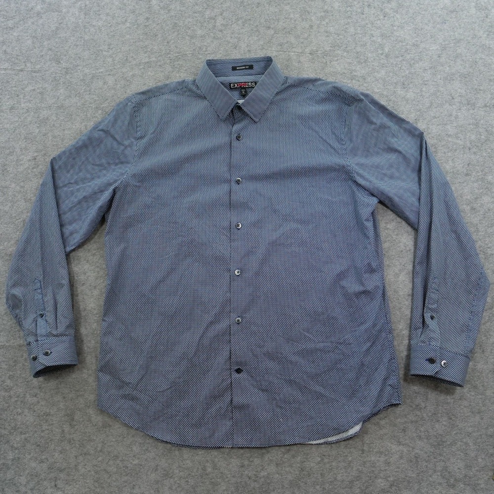 Express Shirt Mens Extra Large 17.5 Blue Button Up Long Sleeve Polka Dot